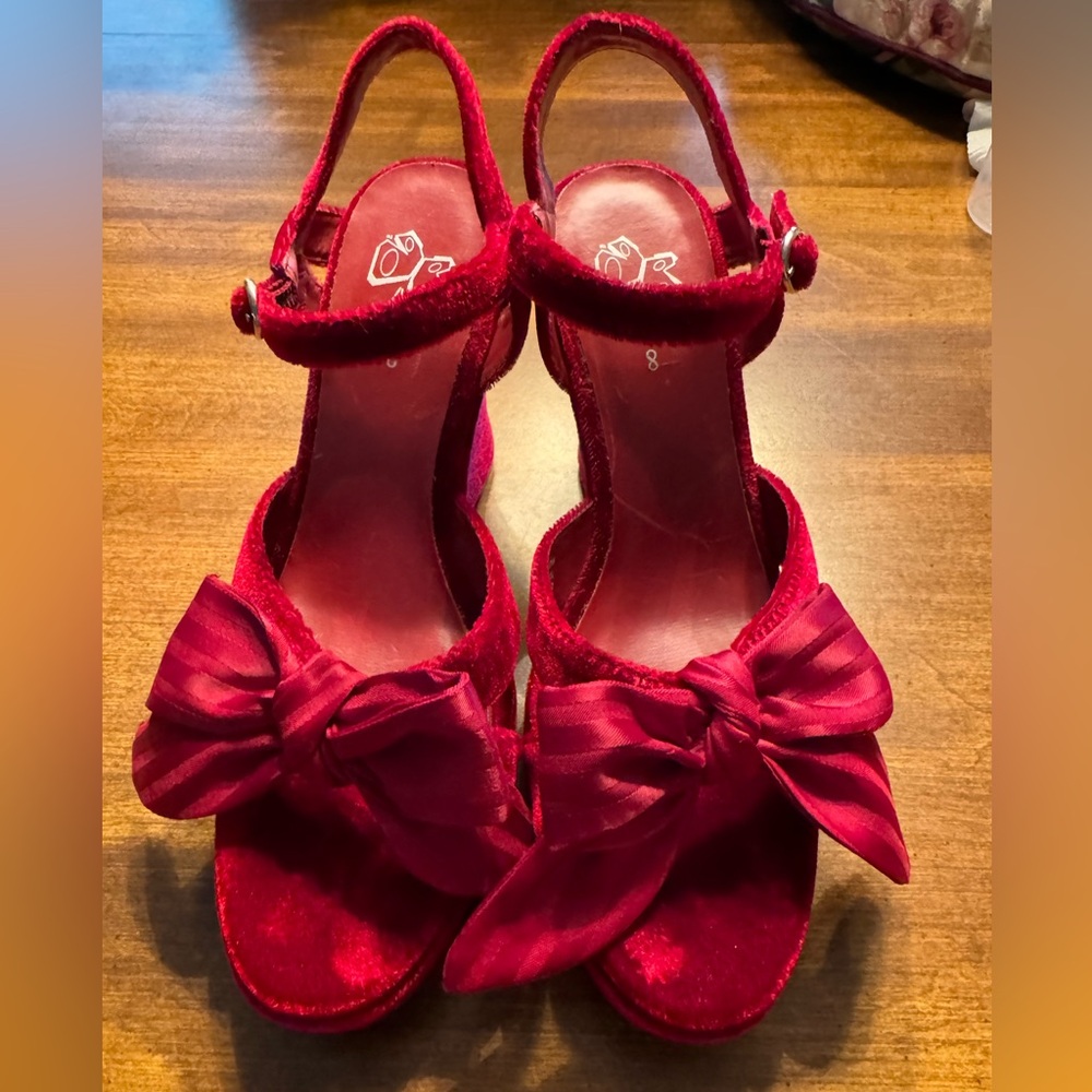Fashion Bug Velvet Red Bow Heels - Size 8